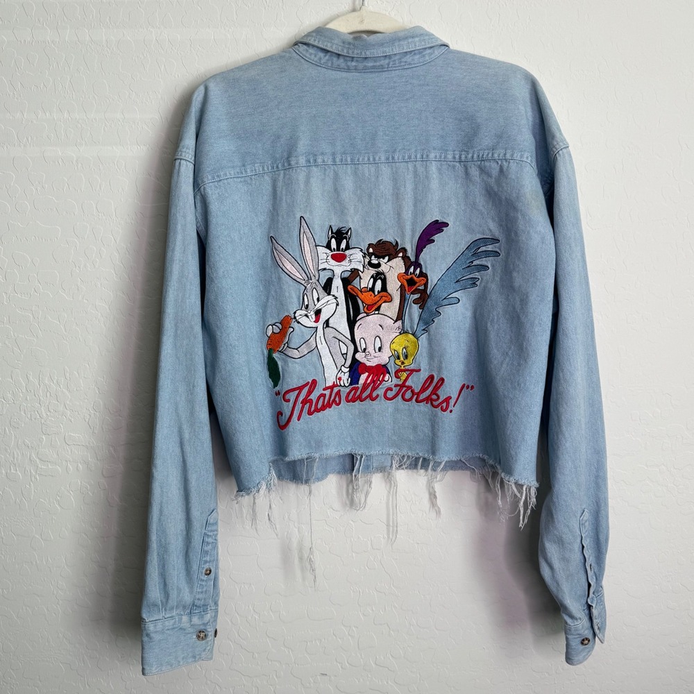 VTG Acme Clothing Womens Cotton Denim Shirt XL Blue Looney Tunes Cropped Graphic